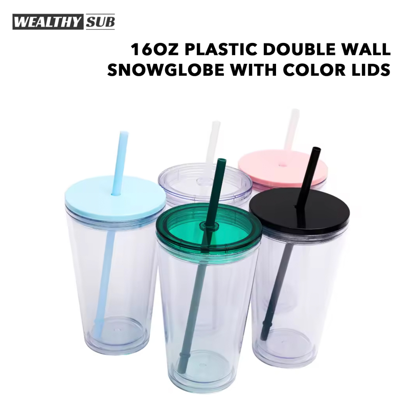 Wealthysub China warehouse 16oz plastic double wall snowglobe with color lids